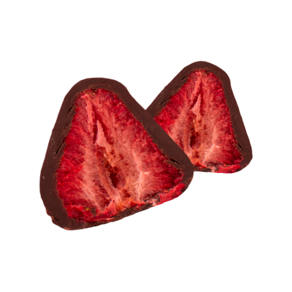 Freeze-dried strawberry in dark vegan chocolate 72%